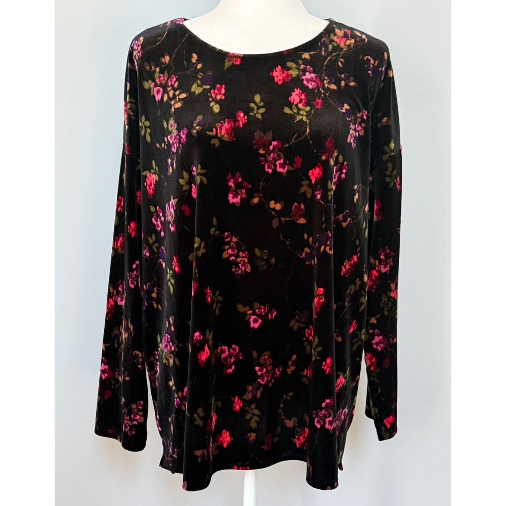 J. Jill Velvet Long Sleeve Tunic Top Black Pink Floral Soft Velour Size 2X‎